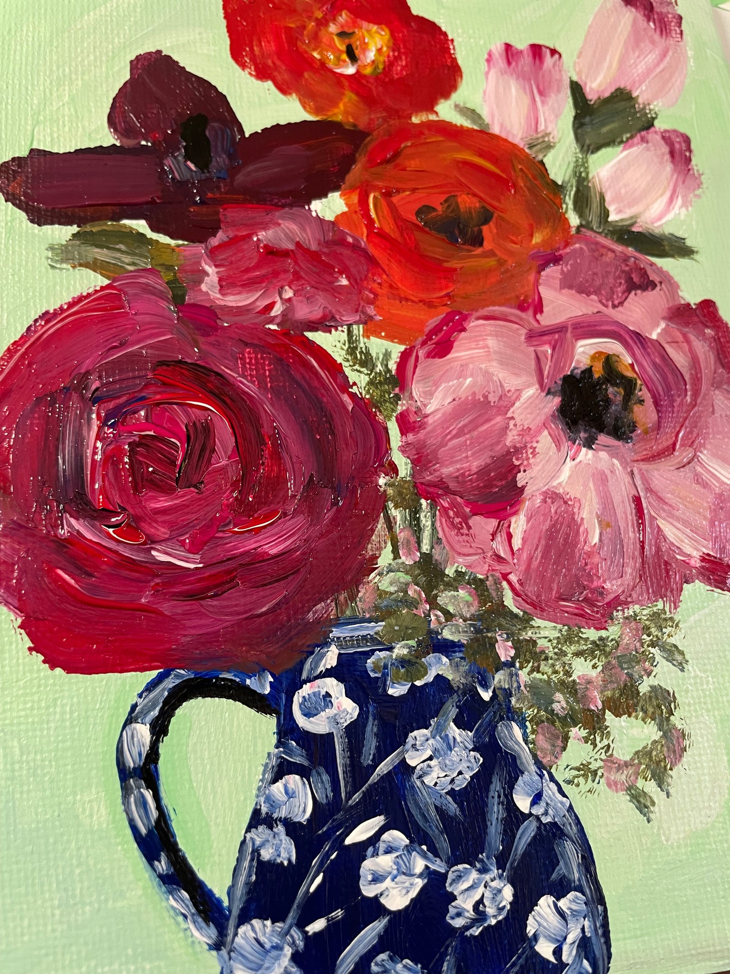 Original painting, red and blue bouquet 5x7”