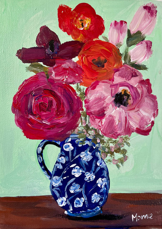 Original painting, red and blue bouquet  5x7”