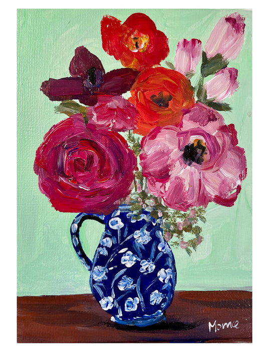 Original painting, red and blue bouquet  5x7”