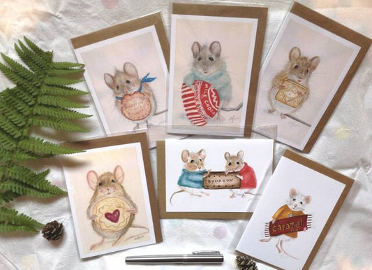 Pack of 6 greetings cards, mice design